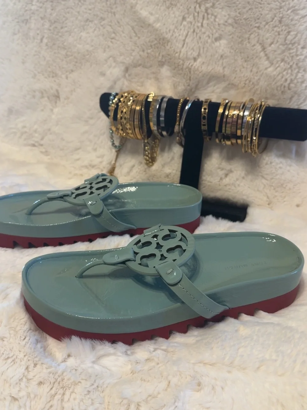 Tory Burch Seafoam Patent Miller Lug Flip Flop with Red Sole